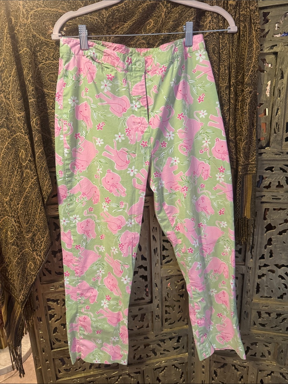 Lilly Pulitzer Pink Bunny Floral Pants on Pastel Green